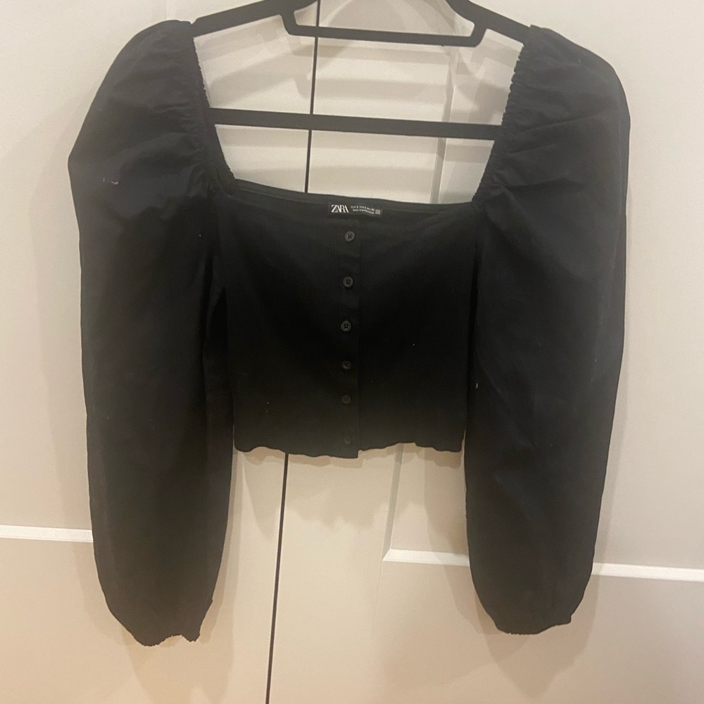 Zara black button up blouse, puffed sleeve